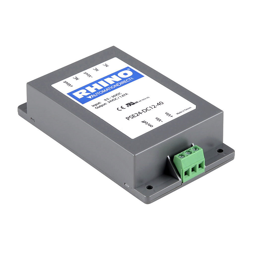 PSE24-DC12-40 - RHINO DC to DC converter, 9.5-36 VDC input, 24 VDC output, 1.67A, 40W, plastic housing, encapsulated, chassis mount, screw terminal.
