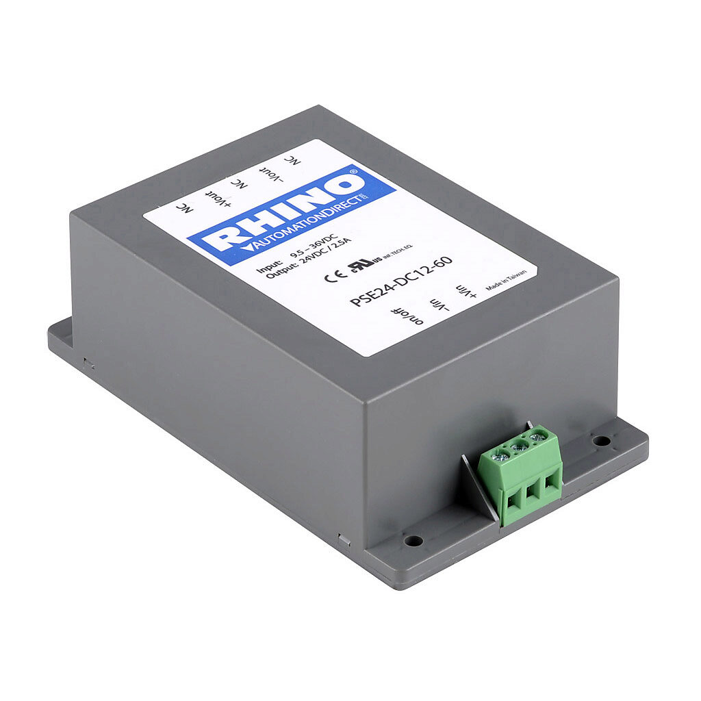 PSE24-DC12-60 - RHINO DC to DC converter, 9.5-36 VDC input, 24 VDC output, 2.5A, 60W, plastic housing, encapsulated, chassis mount, screw terminal.