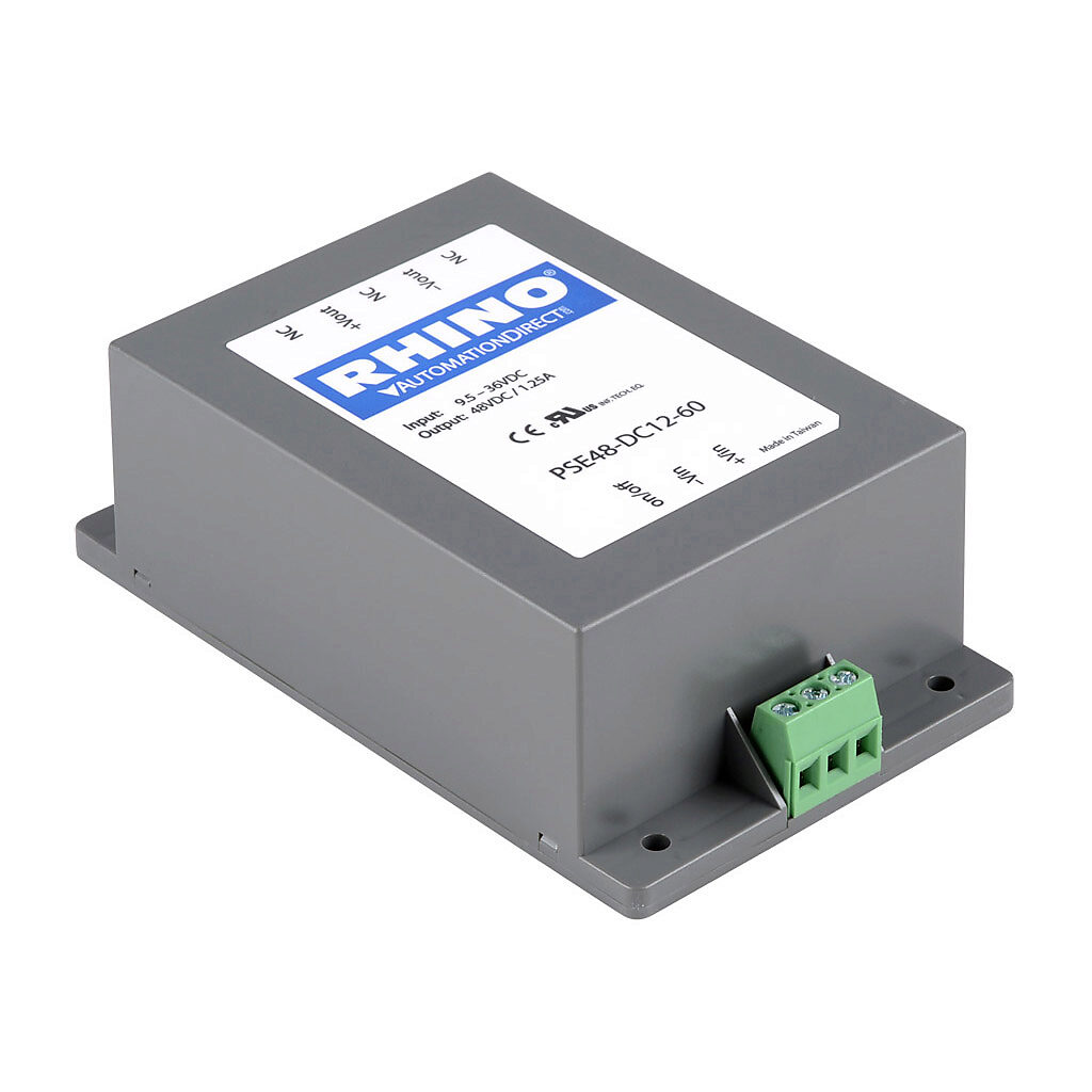 PSE48-DC12-60 - RHINO DC to DC converter, 9.5-36 VDC input, 48 VDC output, 1.25A, 60W, plastic housing, encapsulated, chassis mount, screw terminal.