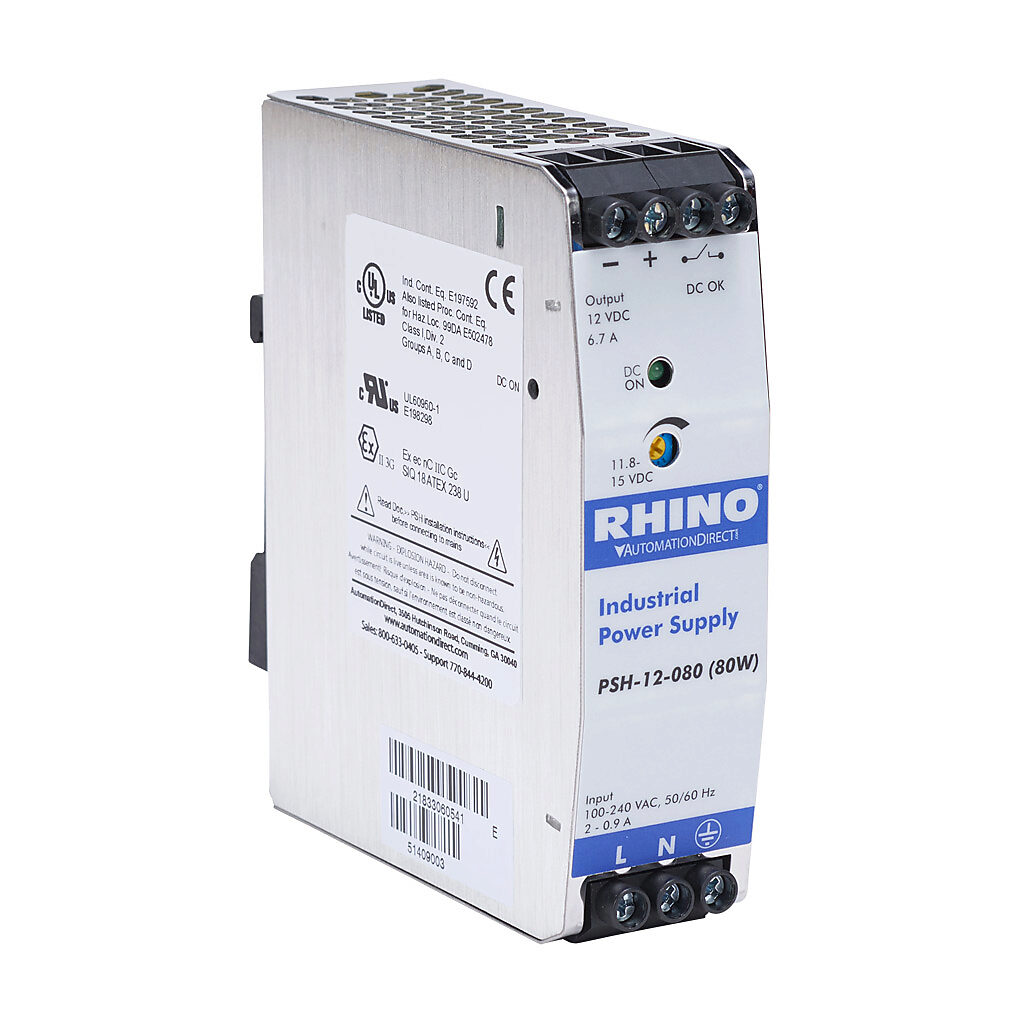PSH-12-080 - RHINO PRO PSH series switching power supply, 12 VDC @ 6.6A/80W, 120 VAC and 240 VAC nominal input, 1-phase, enclosed, metal housing, 35mm DIN rail mount, screw terminals, hazardous location rated.