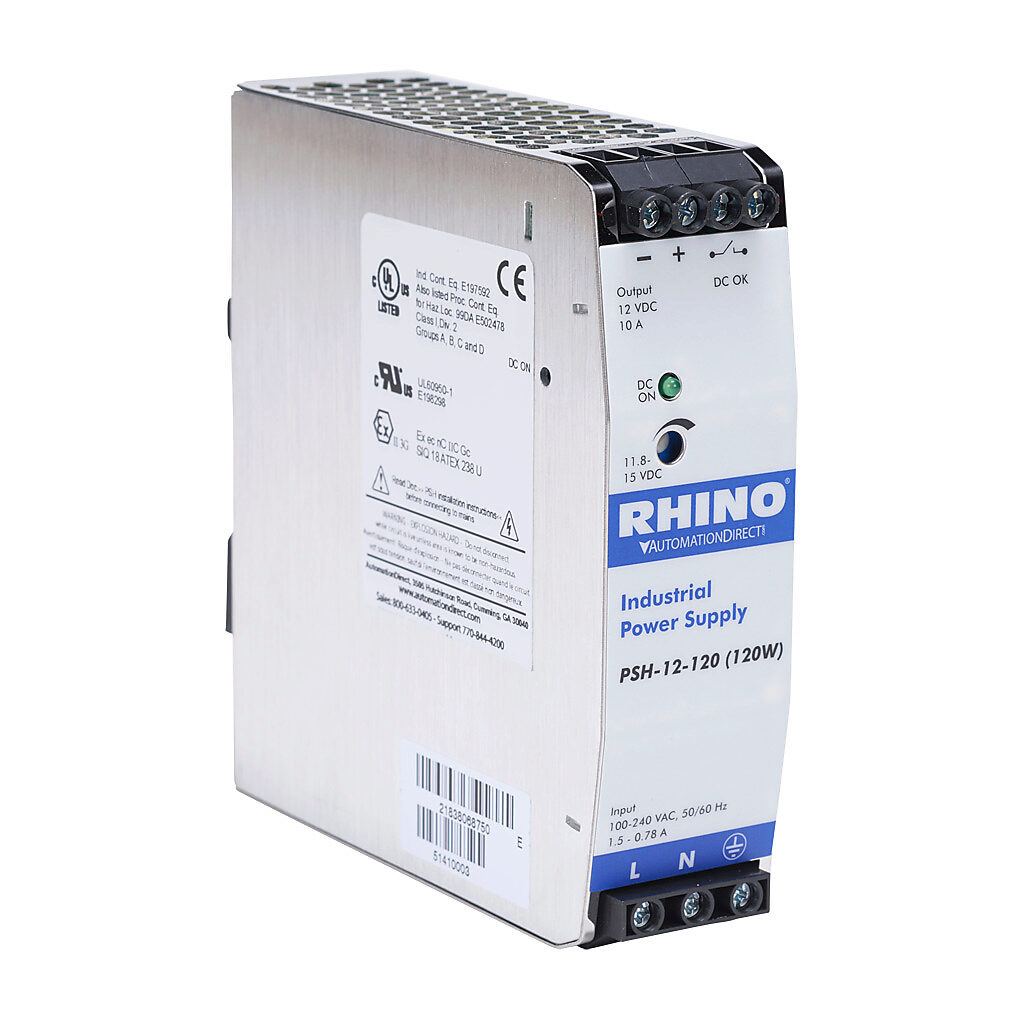 PSH-12-120 - RHINO PRO PSH series switching power supply, 12 VDC @ 10A/120W, 120 VAC and 240 VAC nominal input, 1-phase, enclosed, metal housing, 35mm DIN rail mount, screw terminals, hazardous location rated.