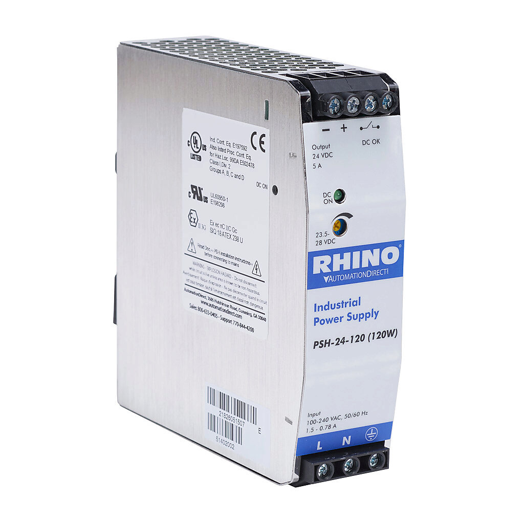 PSH-24-120 - RHINO PRO PSH series switching power supply, 24 VDC @ 5A/120W, 120 VAC and 240 VAC nominal input, 1-phase, enclosed, metal housing, 35mm DIN rail mount, screw terminals, hazardous location rated.