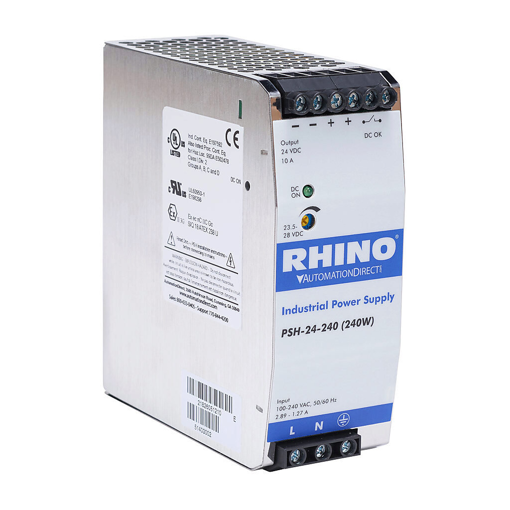 PSH-24-240 - RHINO PRO PSH series switching power supply, 24 VDC @ 10A/240W, 120 VAC and 240 VAC nominal input, 1-phase, enclosed, metal housing, 35mm DIN rail mount, screw terminals, hazardous location rated.