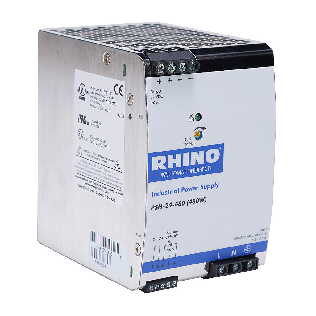 PSH-24-480 - RHINO PRO PSH series switching power supply, 24 VDC @ 20A/480W, 120 VAC and 240 VAC nominal input, 1-phase, enclosed, metal housing, 35mm DIN rail mount, screw terminals, hazardous location rated.
