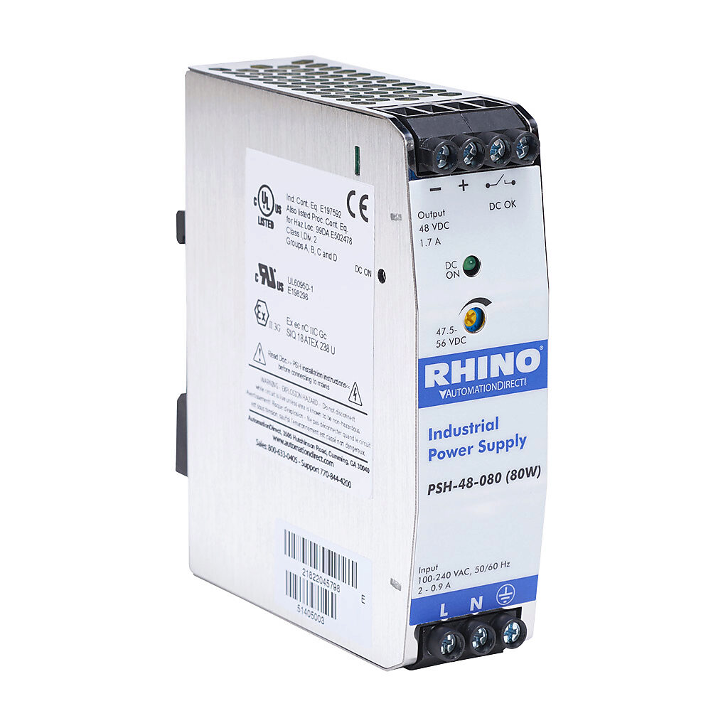 PSH-48-080 - RHINO PRO PSH series switching power supply, 48 VDC @ 1.7A/80W, 120 VAC and 240 VAC nominal input, 1-phase, enclosed, metal housing, 35mm DIN rail mount, screw terminals, hazardous location rated.