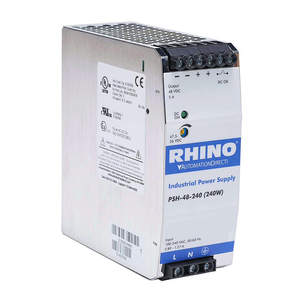 PSH-48-240 - RHINO PRO PSH series switching power supply, 48 VDC @ 5A/240W, 120 VAC and 240 VAC nominal input, 1-phase, enclosed, metal housing, 35mm DIN rail mount, screw terminals, hazardous location rated.