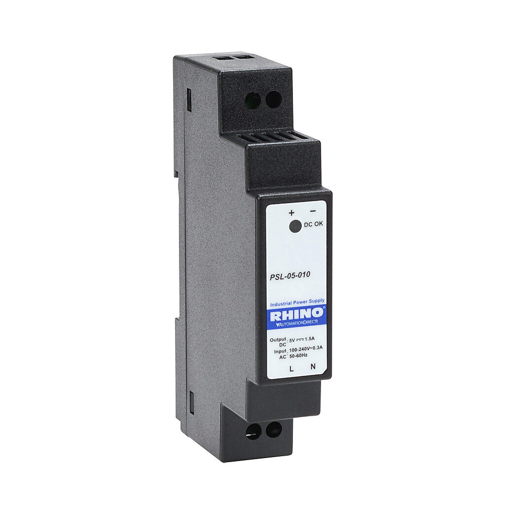 PSL-05-010 - RHINO PSL series switching power supply, 5 VDC @ 1.5A/7.5W, 120 VAC and 240 VAC nominal input, 1-phase, enclosed, plastic housing, 35mm DIN rail mount, screw terminals, NEC Class 2.