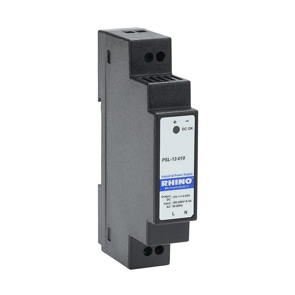 PSL-12-010 - RHINO PSL series switching power supply, 12 VDC @ 0.83A/9.96W, 120 VAC and 240 VAC nominal input, 1-phase, enclosed, plastic housing, 35mm DIN rail mount, screw terminals, NEC Class 2.