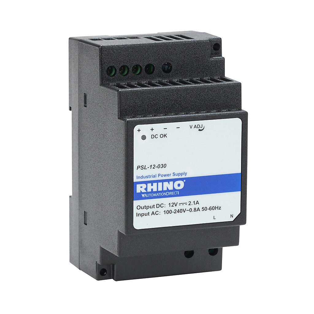 PSL-12-030 - RHINO PSL series switching power supply, 12 VDC @ 2.1A/25W, 120 VAC and 240 VAC nominal input, 1-phase, enclosed, plastic housing, 35mm DIN rail mount, screw terminals, NEC Class 2.