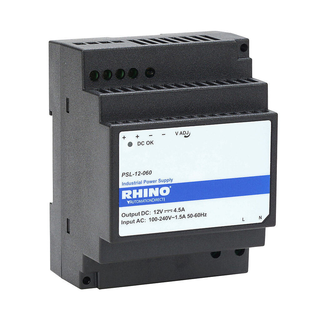 PSL-12-060 - RHINO PSL series switching power supply, 12 VDC @ 4.5A/54W, 120 VAC and 240 VAC nominal input, 1-phase, enclosed, plastic housing, 35mm DIN rail mount, screw terminals, NEC Class 2.