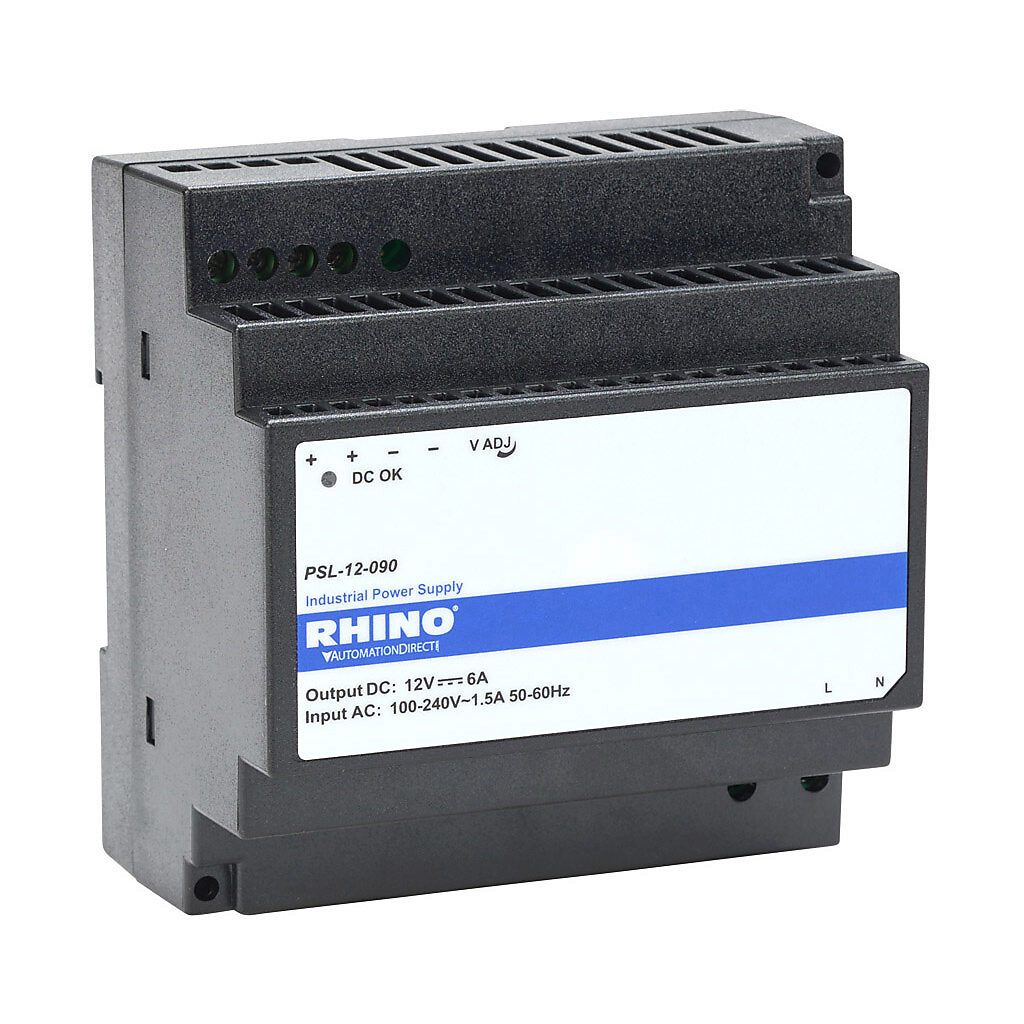PSL-12-090 - RHINO PSL series switching power supply, 12 VDC @ 6A/72W, 120 VAC and 240 VAC nominal input, 1-phase, enclosed, plastic housing, 35mm DIN rail mount, screw terminals.