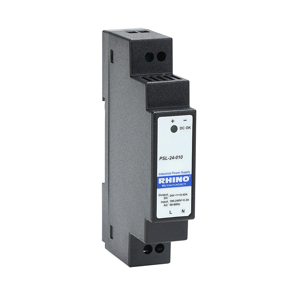 PSL-24-010 - RHINO PSL series switching power supply, 24 VDC @ 0.42A/10W, 120 VAC and 240 VAC nominal input, 1-phase, enclosed, plastic housing, 35mm DIN rail mount, screw terminals, NEC Class 2.