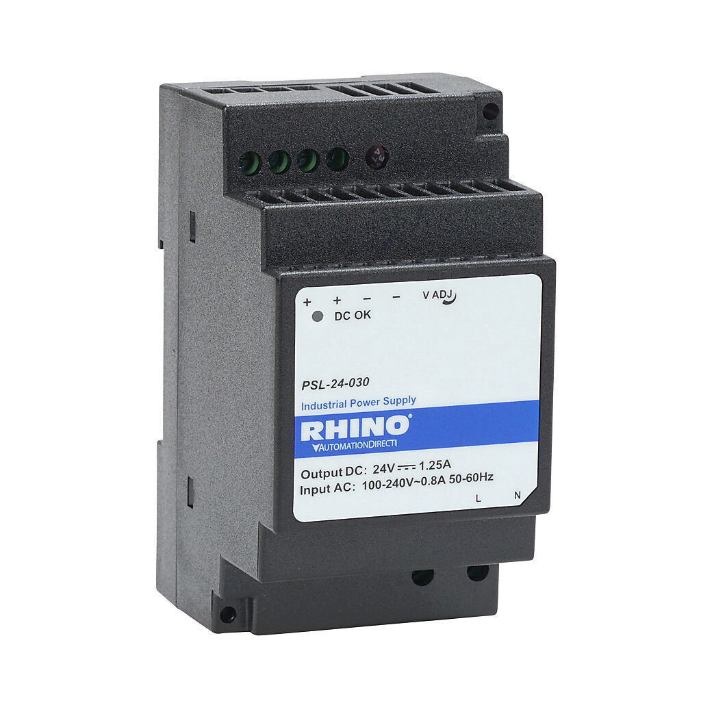PSL-24-030 - RHINO PSL series switching power supply, 24 VDC @ 1.25A/30W, 120 VAC and 240 VAC nominal input, 1-phase, enclosed, plastic housing, 35mm DIN rail mount, screw terminals, NEC Class 2.