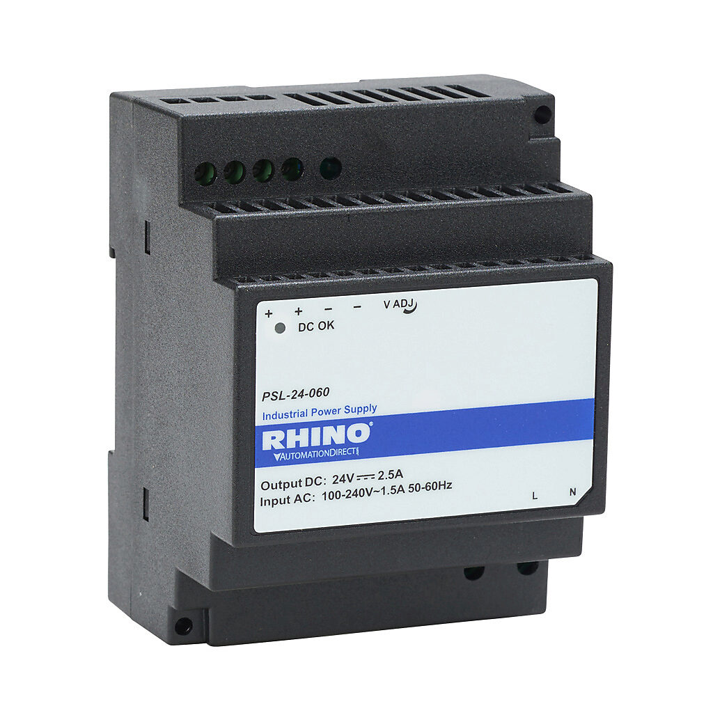 PSL-24-060 - RHINO PSL series switching power supply, 24 VDC @ 2.5A/60W, 120 VAC and 240 VAC nominal input, 1-phase, enclosed, plastic housing, 35mm DIN rail mount, screw terminals, NEC Class 2.