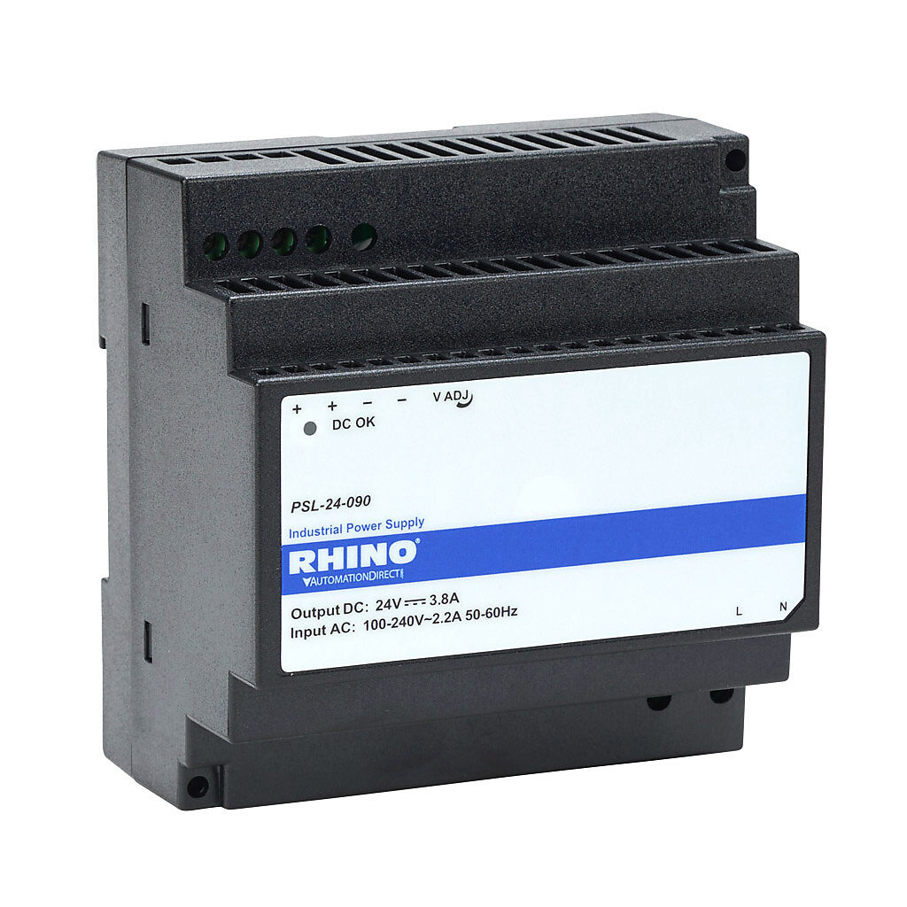 PSL-24-090 - RHINO PSL series switching power supply, 24 VDC @ 3.8A/91.2W, 120 VAC and 240 VAC nominal input, 1-phase, enclosed, plastic housing, 35mm DIN rail mount, screw terminals, NEC Class 2.