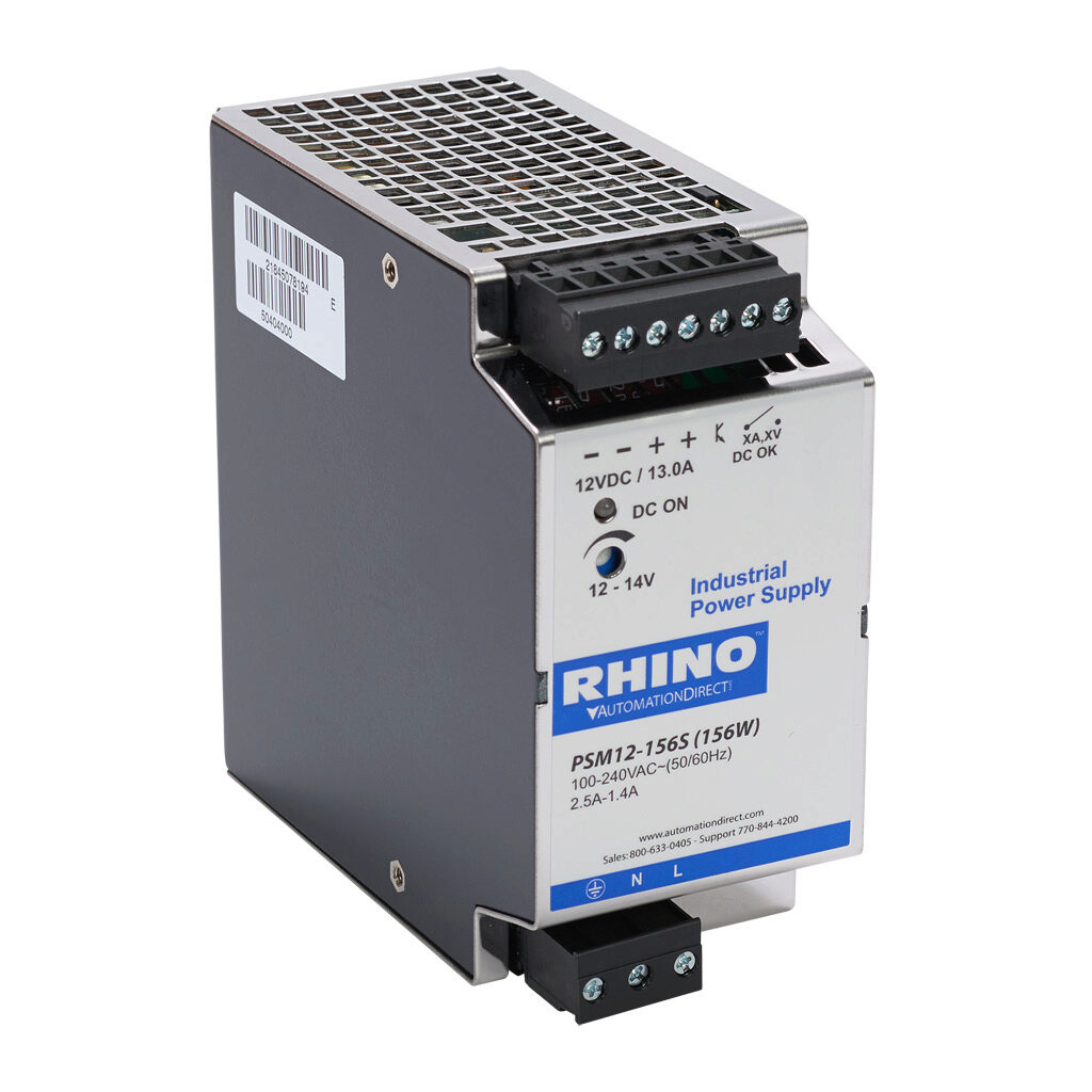PSM12-156S - RHINO SELECT PSM series switching power supply, 12 VDC @ 13A/156W, 120 VAC and 240 VAC nominal input, 1-phase, enclosed, metal housing, 35mm DIN rail mount, removable screw terminal.