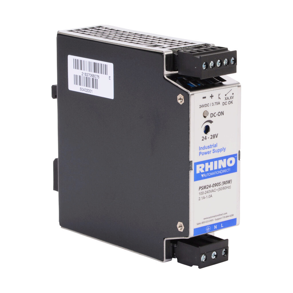 PSM24-090S - RHINO SELECT PSM series switching power supply, 24 VDC @ 3.75A/90W, 120 VAC and 240 VAC nominal input, 1-phase, enclosed, metal housing, 35mm DIN rail mount, removable screw terminal.