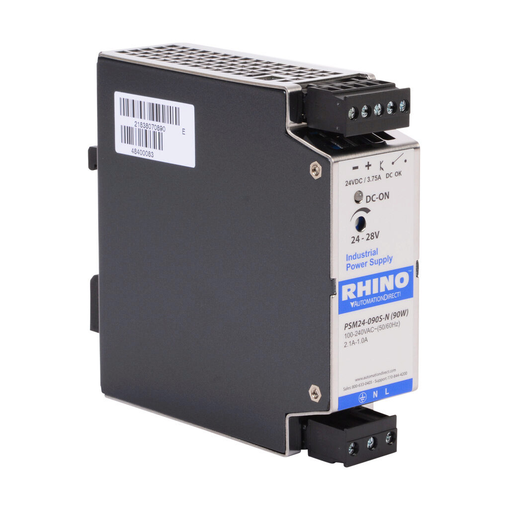 PSM24-090S-N - RHINO SELECT PSM series switching power supply, 24 VDC @ 3.75A/90W, 120 VAC and 240 VAC nominal input, 1-phase, enclosed, metal housing, 35mm DIN rail mount, removable screw terminal, NEC Class 2.