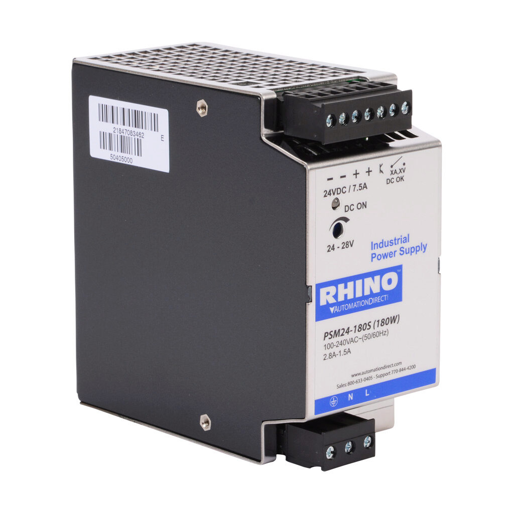 PSM24-180S - RHINO SELECT PSM series switching power supply, 24 VDC @ 7.5A/180W, 120 VAC and 240 VAC nominal input, 1-phase, enclosed, metal housing, 35mm DIN rail mount, removable screw terminal.