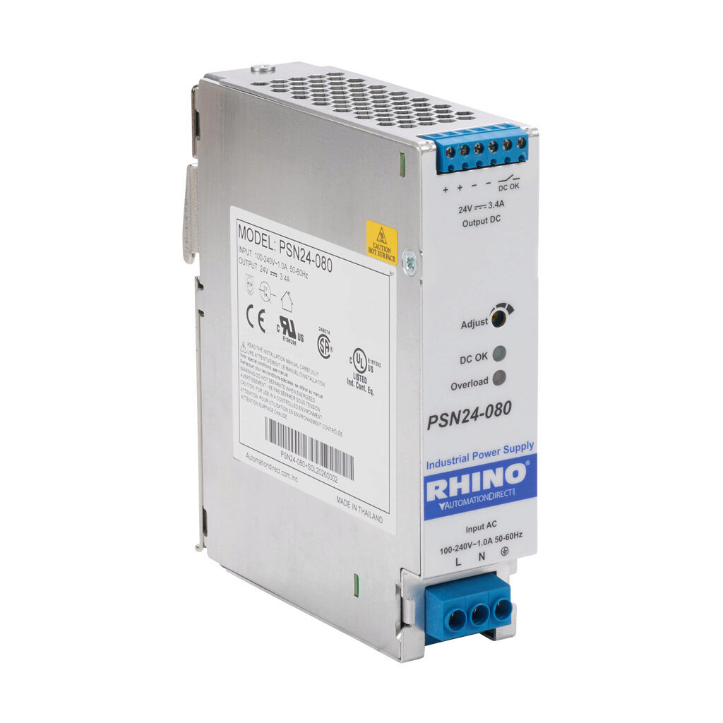 PSN24-080 - RHINO PRO PSN series switching power supply, 24 VDC @ 3.4A/81.6W, 120 VAC and 240 VAC nominal input, 1-phase, enclosed, aluminum housing, 35mm DIN rail mount, screw terminals.