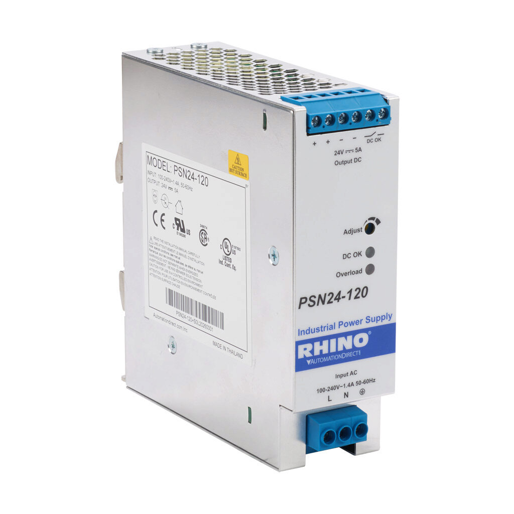 PSN24-120 - RHINO PRO PSN series switching power supply, 24 VDC @ 5A/120W, 120 VAC and 240 VAC nominal input, 1-phase, enclosed, aluminum housing, 35mm DIN rail mount, screw terminals.