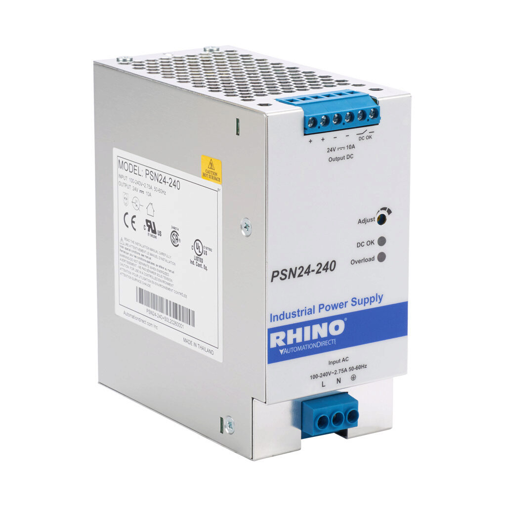 PSN24-240 - RHINO PRO PSN series switching power supply, 24 VDC @ 10A/240W, 120 VAC and 240 VAC nominal input, 1-phase, enclosed, aluminum housing, 35mm DIN rail mount, screw terminals.