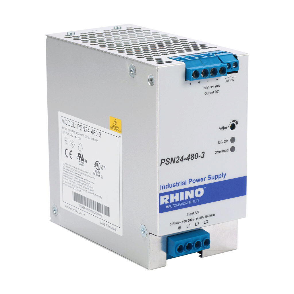 PSN24-480-3 - RHINO PRO PSN series switching power supply, 24 VDC @ 20A/480W, 480 VAC nominal input, 3-phase, enclosed, aluminum housing, 35mm DIN rail mount, screw terminals.