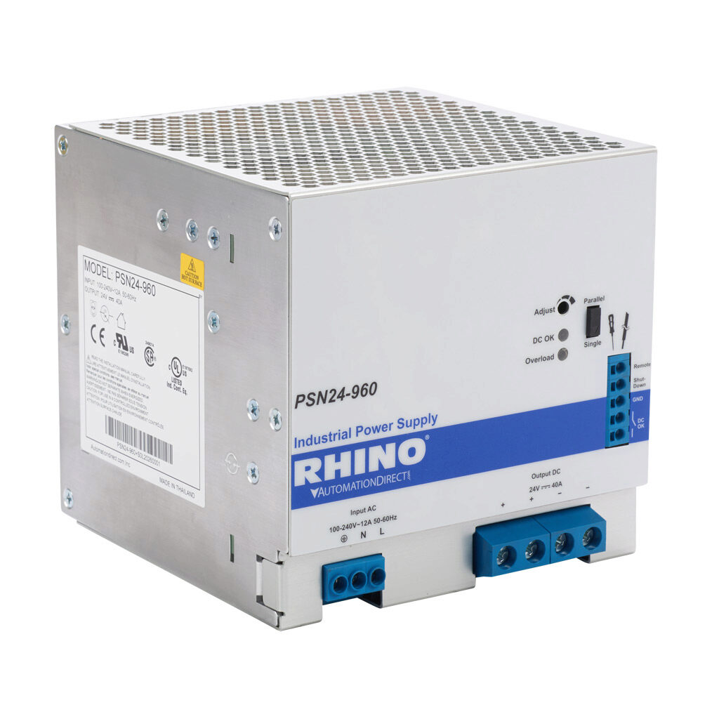 PSN24-960 - RHINO PRO PSN series switching power supply, 24 VDC @ 40A/960W, 120 VAC and 240 VAC nominal input, 1-phase, enclosed, aluminum housing, 35mm DIN rail mount, screw terminals.