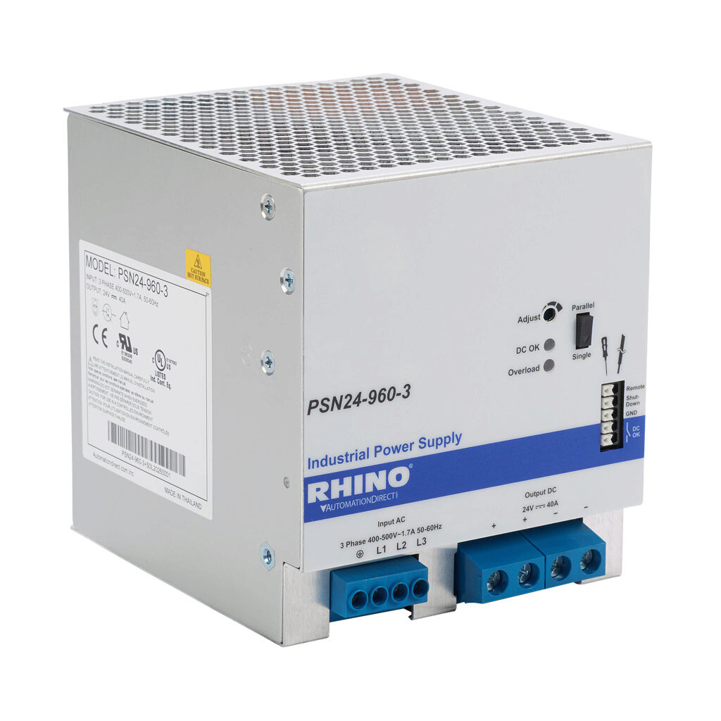 PSN24-960-3 - RHINO PRO PSN series switching power supply, 24 VDC @ 40A/960W, 480 VAC nominal input, 3-phase, enclosed, aluminum housing, 35mm DIN rail mount, screw terminals.