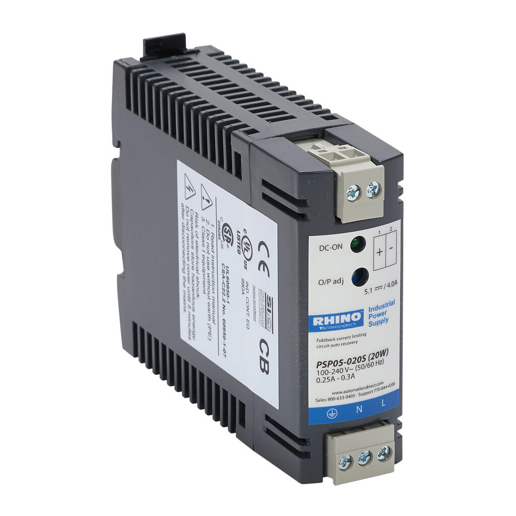 PSP05-020S - RHINO SELECT PSP series switching power supply, 5 VDC @ 4A/20W, 120 VAC and 240 VAC nominal input, 1-phase, enclosed, plastic housing, 35mm DIN rail or chassis mount, removable screw terminal.