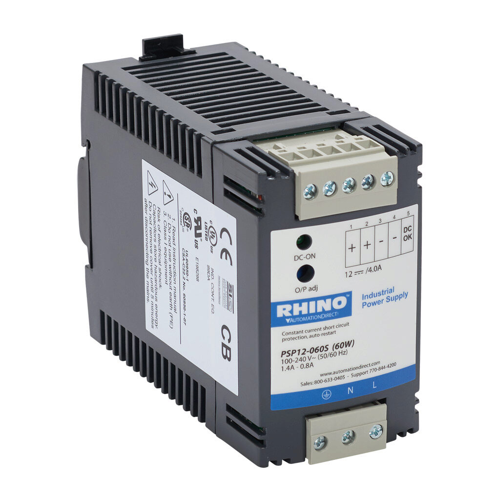 PSP12-060S - RHINO SELECT PSP series switching power supply, 12 VDC @ 4A/48W, 120 VAC and 240 VAC nominal input, 1-phase, enclosed, plastic housing, 35mm DIN rail or chassis mount, removable screw terminal.