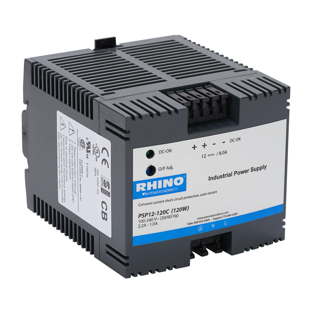 PSP12-120C - RHINO SELECT PSP series switching power supply, 12 VDC @ 8A/96W, 120 VAC and 240 VAC nominal input, 1-phase, enclosed, plastic housing, 35mm DIN rail or chassis mount, spring clamp terminals.