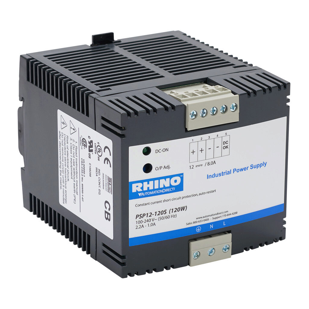 PSP12-120S - RHINO SELECT PSP series switching power supply, 12 VDC @ 8A/96W, 120 VAC and 240 VAC nominal input, 1-phase, enclosed, plastic housing, 35mm DIN rail or chassis mount, removable screw terminal.