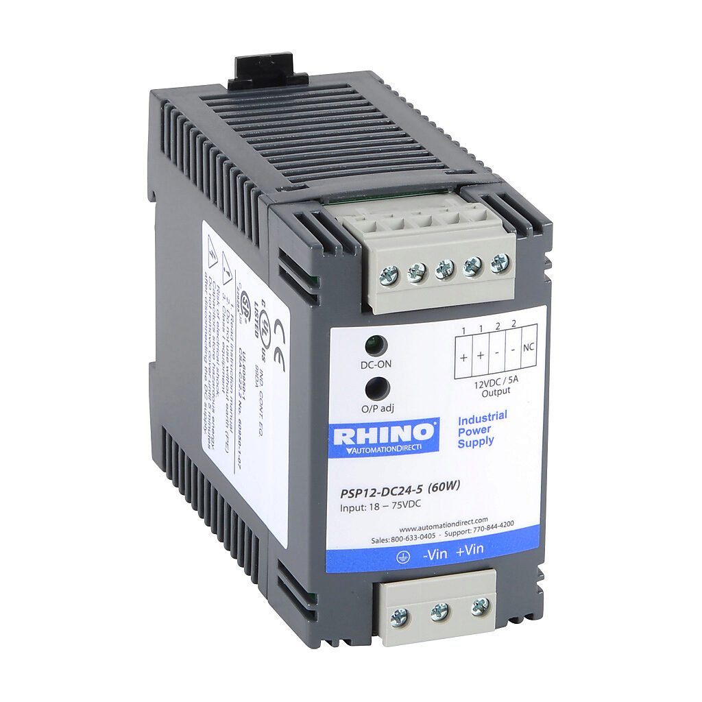 PSP12-DC24-5 - RHINO DC to DC converter, 18-75 VDC input, 12 VDC output, 5A, 60W, plastic housing, 35mm DIN rail mount, screw terminal, removable. DIN rail insert for panel mounting included.