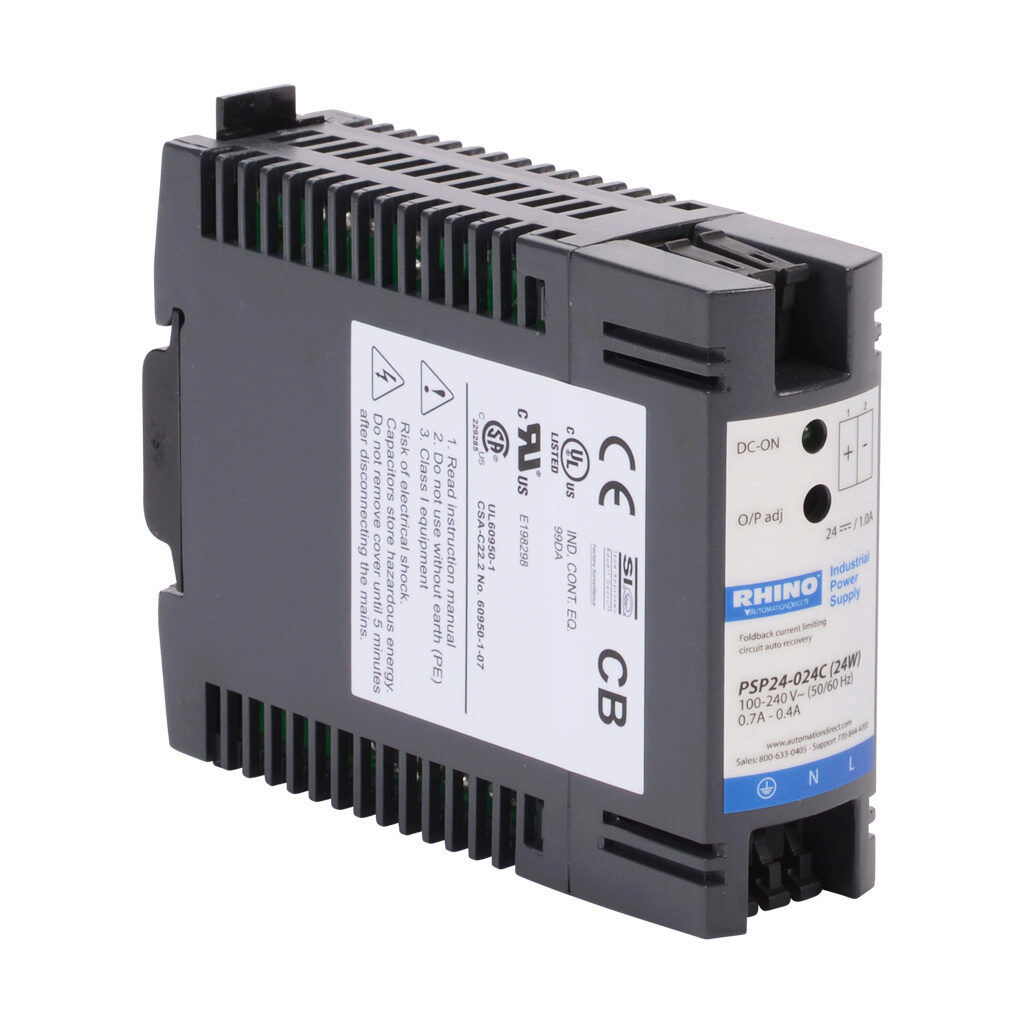 PSP24-024C - RHINO SELECT PSP series switching power supply, 24 VDC @ 1A/24W, 120 VAC and 240 VAC nominal input, 1-phase, enclosed, plastic housing, 35mm DIN rail or chassis mount, spring clamp terminals.