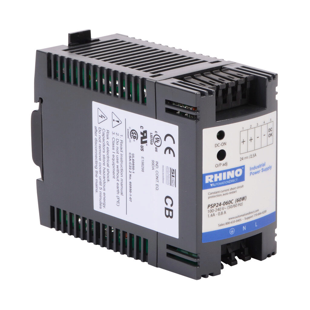 PSP24-060C - RHINO SELECT PSP series switching power supply, 24 VDC @ 2.5A/60W, 120 VAC and 240 VAC nominal input, 1-phase, enclosed, plastic housing, 35mm DIN rail or chassis mount, spring clamp terminals.