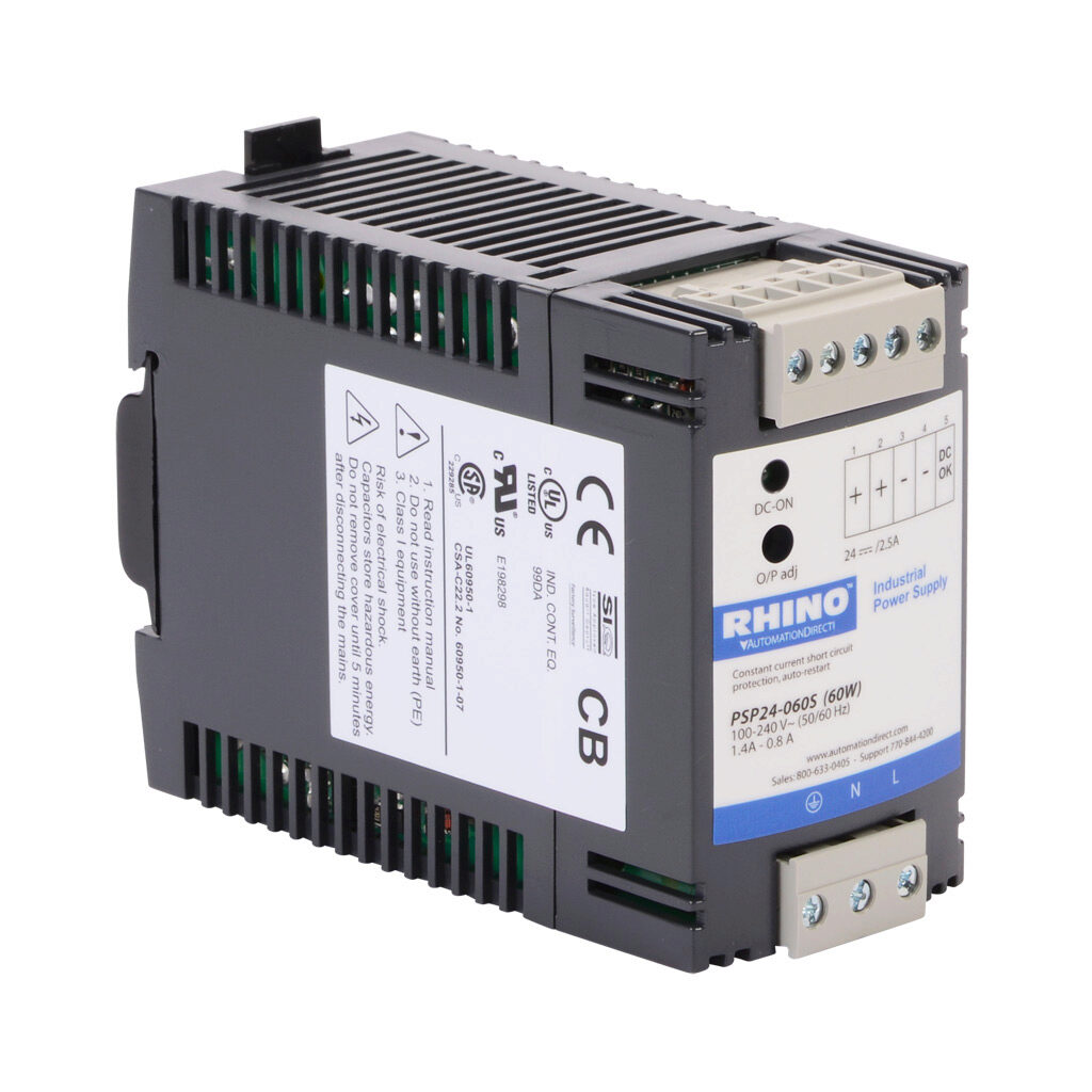 PSP24-060S - RHINO SELECT PSP series switching power supply, 24 VDC @ 2.5A/60W, 120 VAC and 240 VAC nominal input, 1-phase, enclosed, plastic housing, 35mm DIN rail or chassis mount, removable screw terminal.