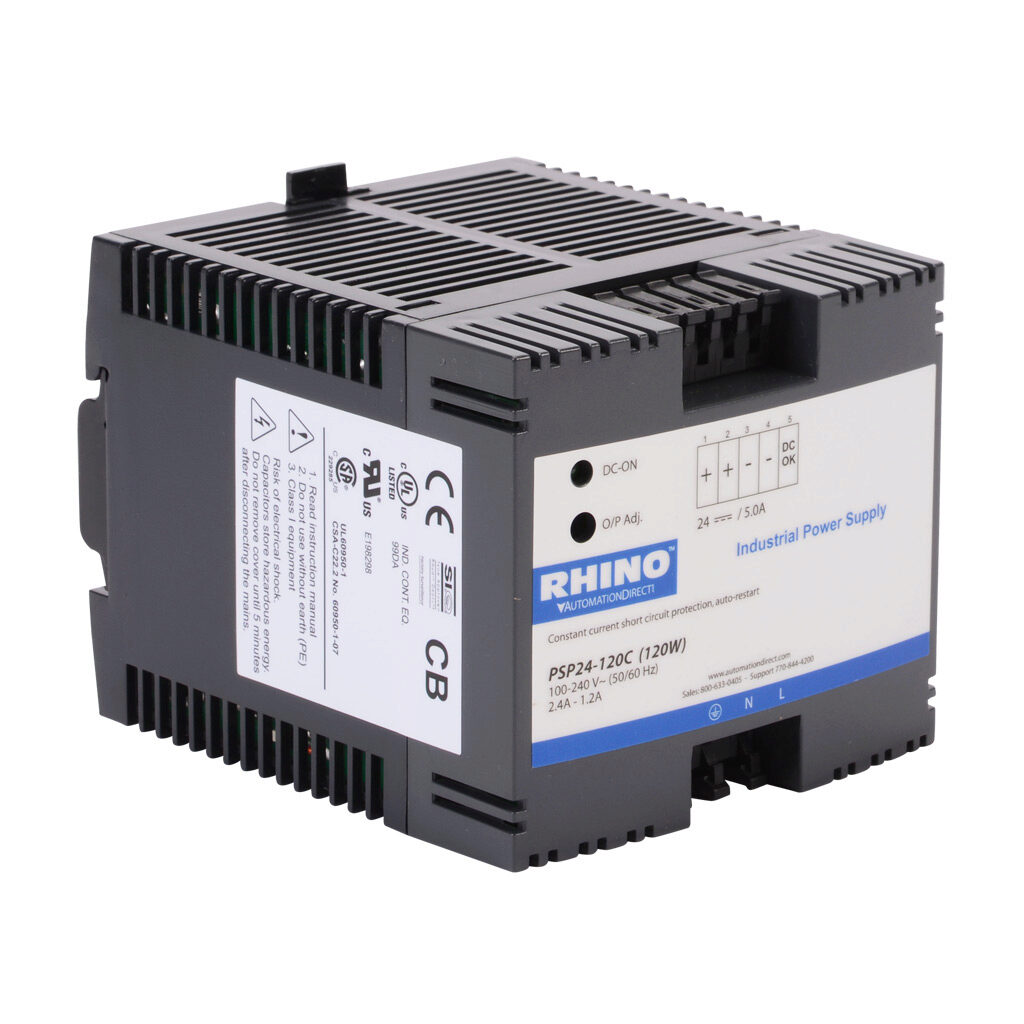 PSP24-120C - RHINO SELECT PSP series switching power supply, 24 VDC @ 5A/120W, 120 VAC and 240 VAC nominal input, 1-phase, enclosed, plastic housing, 35mm DIN rail or chassis mount, spring clamp terminals.