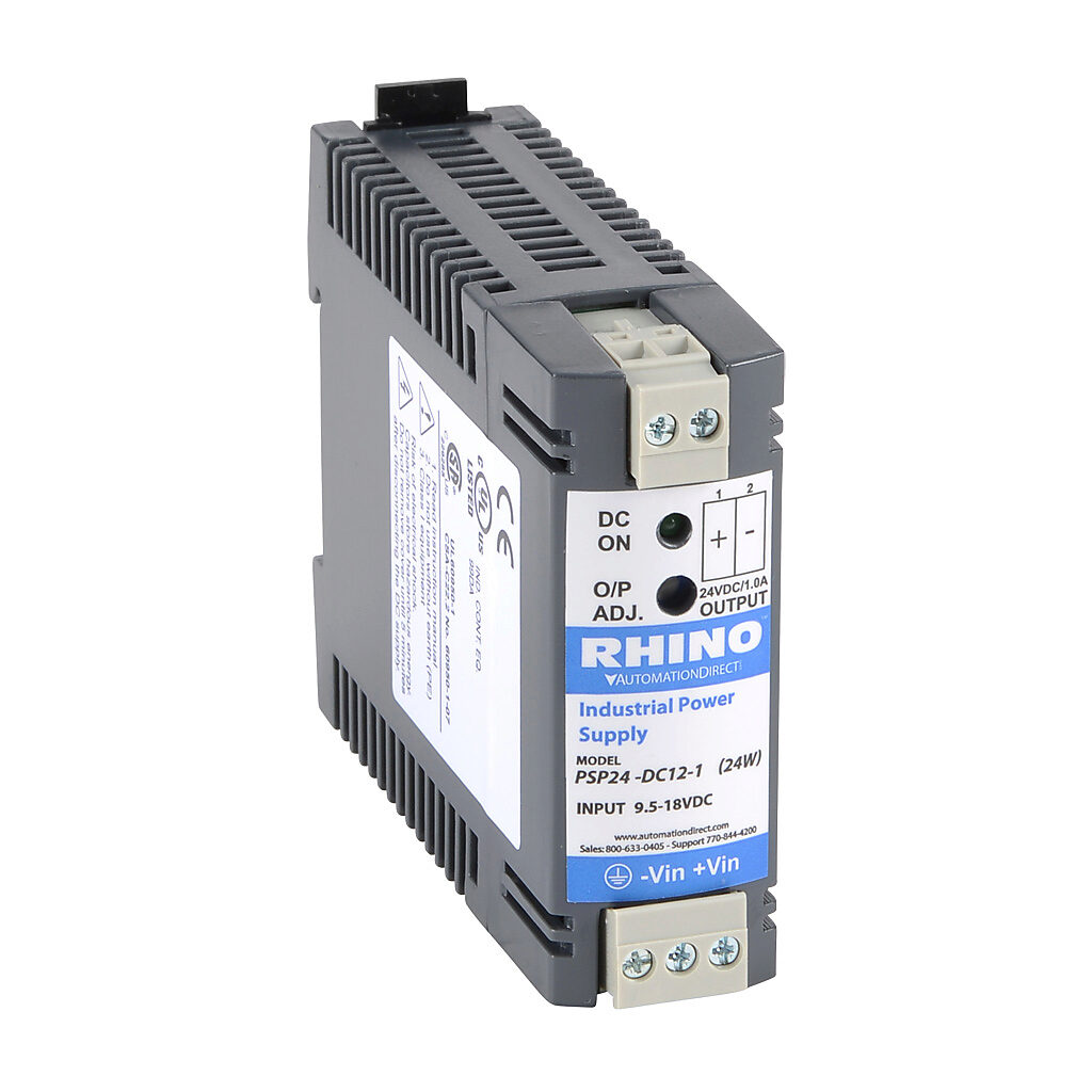 PSP24-DC12-1 - RHINO DC to DC converter, 9.5-18 VDC input, 24 VDC output, 1A, 25W, plastic housing, 35mm DIN rail mount, screw terminal, removable. DIN rail insert for panel mounting included.