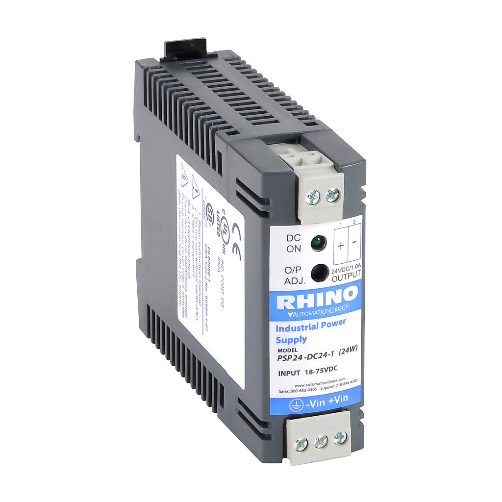 PSP24-DC24-1 - RHINO DC to DC converter, 18-75 VDC input, 24 VDC output, 1A, 25W, plastic housing, 35mm DIN rail mount, screw terminal, removable. DIN rail insert for panel mounting included.