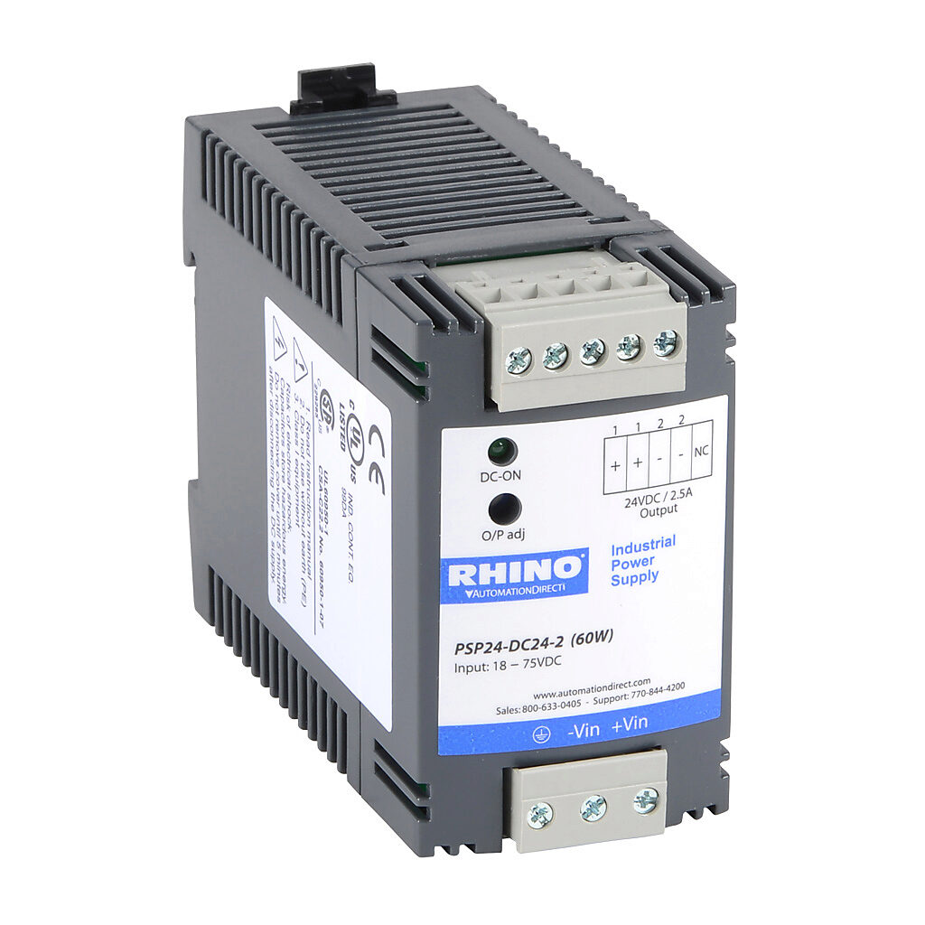 PSP24-DC24-2 - RHINO DC to DC converter, 18-75 VDC input, 24 VDC output, 2.5A, 60W, plastic housing, 35mm DIN rail mount, screw terminal, removable. DIN rail insert for panel mounting included.
