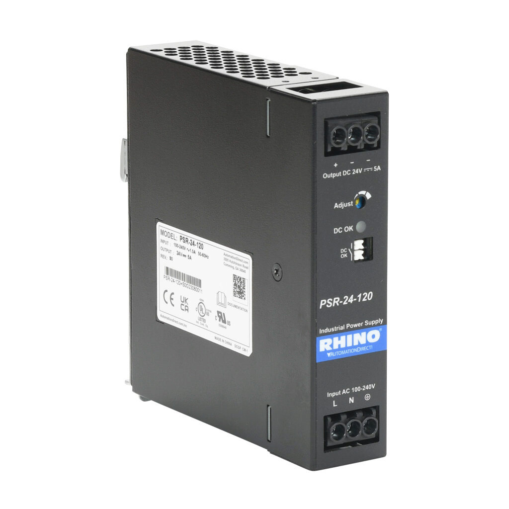 PSR-24-120 - RHINO PSR series switching power supply, 24 VDC @ 5A/120W, 120 VAC and 240 VAC nominal input, 1-phase, enclosed, metal housing, 35mm DIN rail mount, screw terminals.
