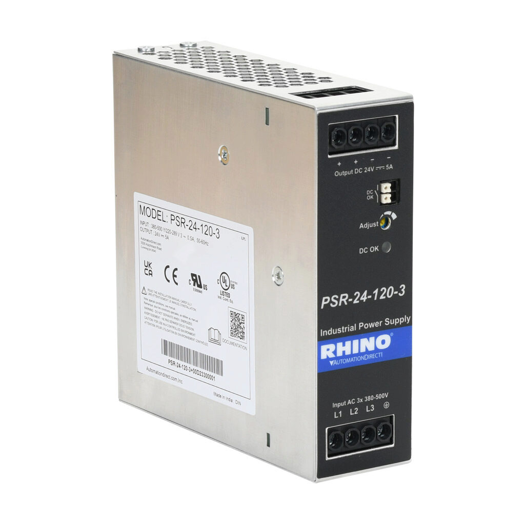 PSR-24-120-3 - RHINO PSR series switching power supply, 24 VDC @ 5A/120W, 480 VAC nominal input, 3-phase, enclosed, aluminum housing, 35mm DIN rail mount, screw terminals.