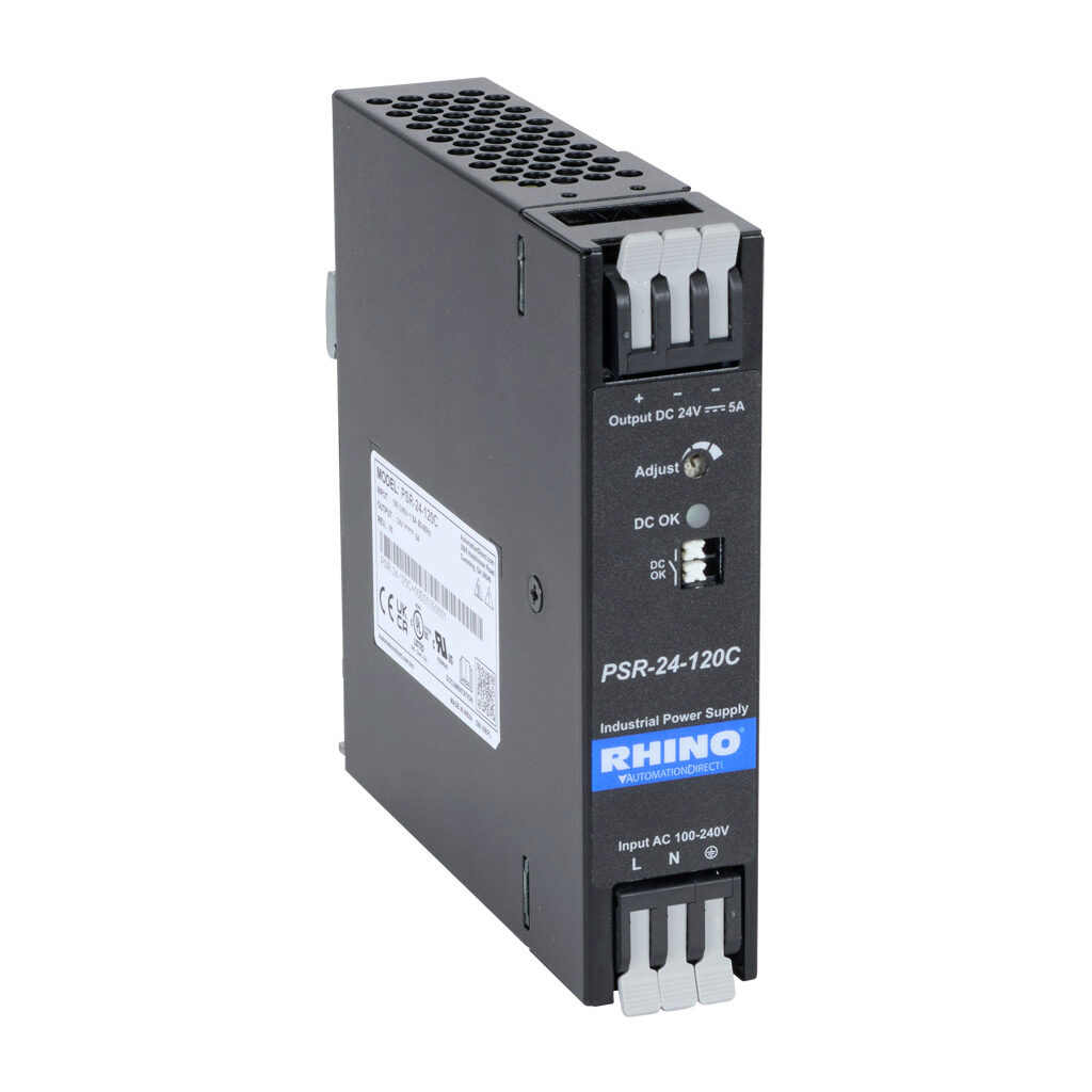PSR-24-120C - RHINO PSR series switching power supply, 24 VDC @ 5A/120W, 120 VAC and 240 VAC nominal input, 1-phase, enclosed, metal housing, 35mm DIN rail mount, spring clamp terminal.
