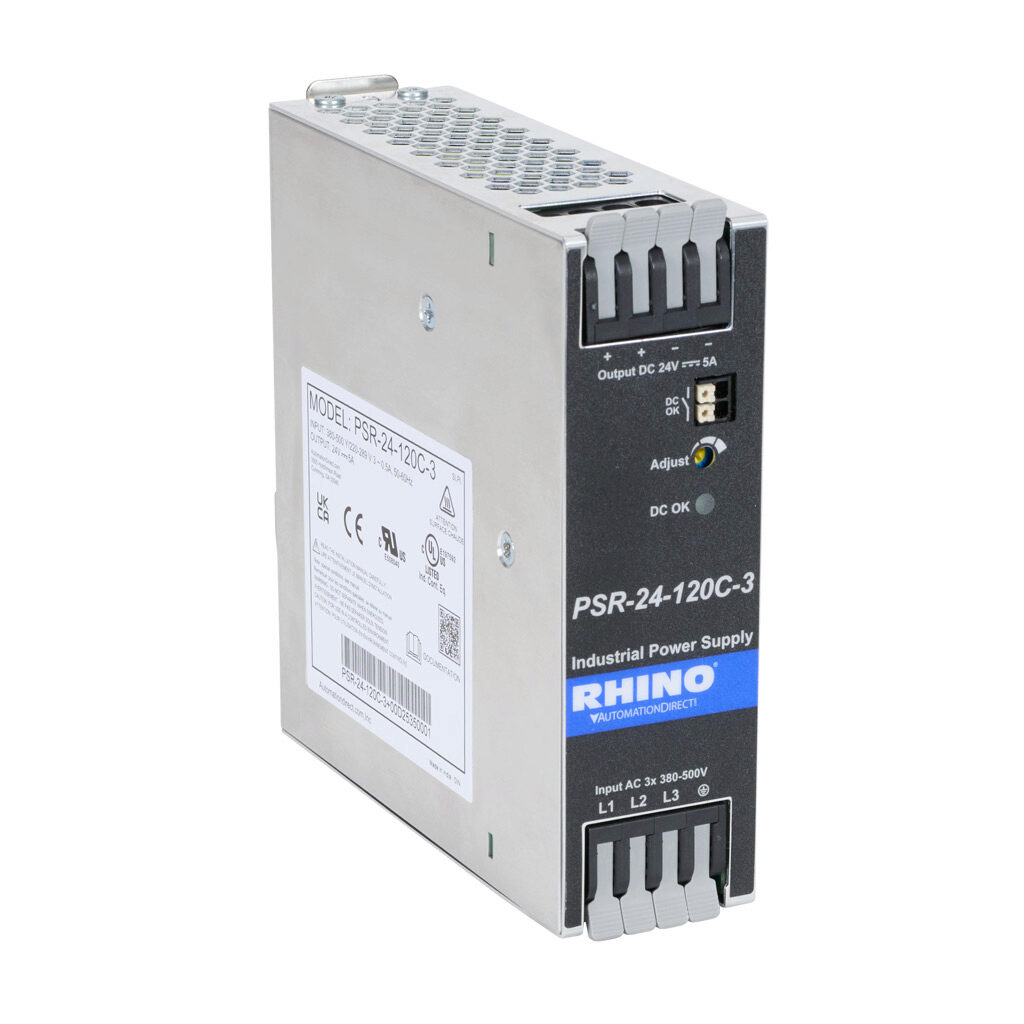 PSR-24-120C-3 - RHINO PSR series switching power supply, 24 VDC @ 5A/120W, 480 VAC nominal input, 3-phase, enclosed, aluminum housing, 35mm DIN rail mount, spring clamp terminal.
