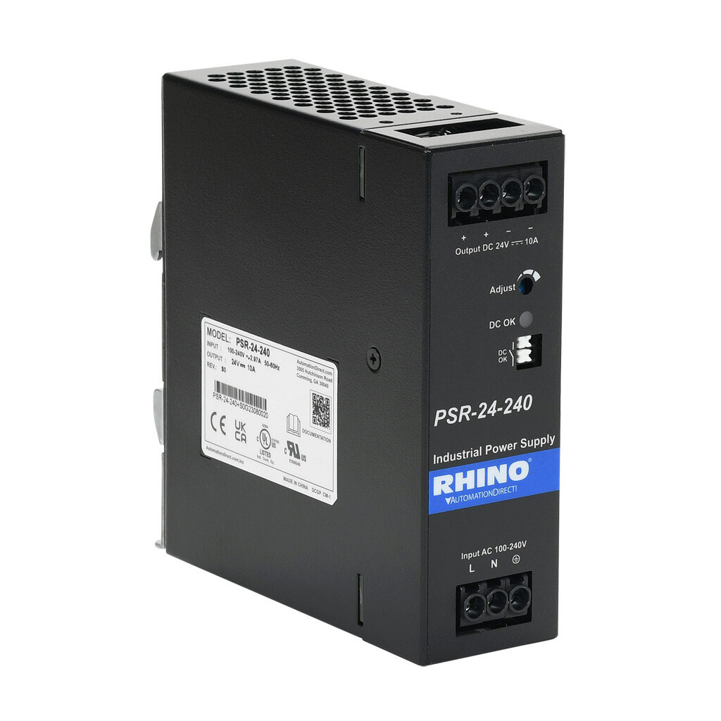 PSR-24-240 - RHINO PSR series switching power supply, 24 VDC @ 10A/240W, 120 VAC and 240 VAC nominal input, 1-phase, enclosed, metal housing, 35mm DIN rail mount, screw terminals.