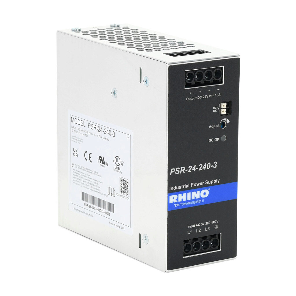 PSR-24-240-3 - RHINO PSR series switching power supply, 24 VDC @ 10A/240W, 480 VAC nominal input, 3-phase, enclosed, aluminum housing, 35mm DIN rail mount, screw terminals.
