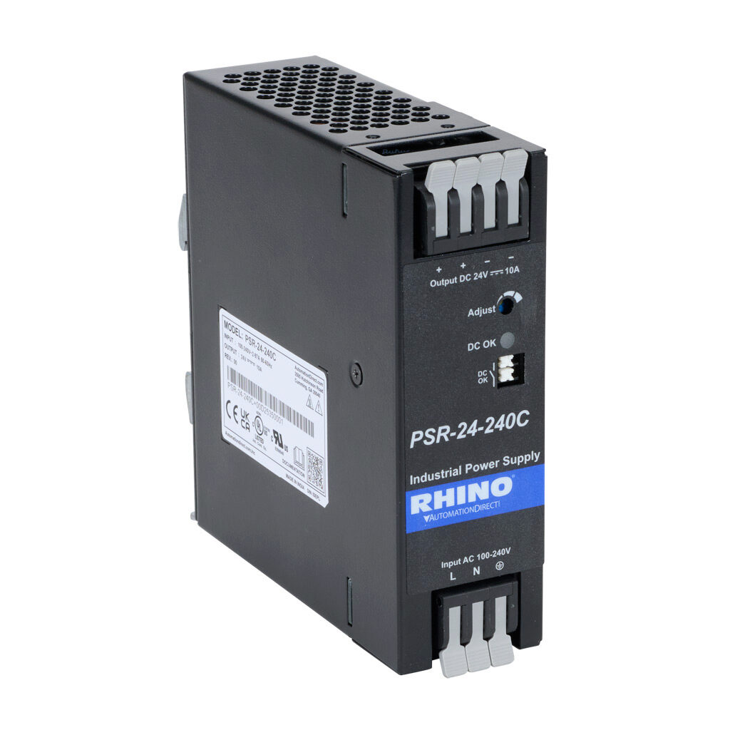 PSR-24-240C - RHINO PSR series switching power supply, 24 VDC @ 10A/240W, 120 VAC and 240 VAC nominal input, 1-phase, enclosed, metal housing, 35mm DIN rail mount, spring clamp terminal.