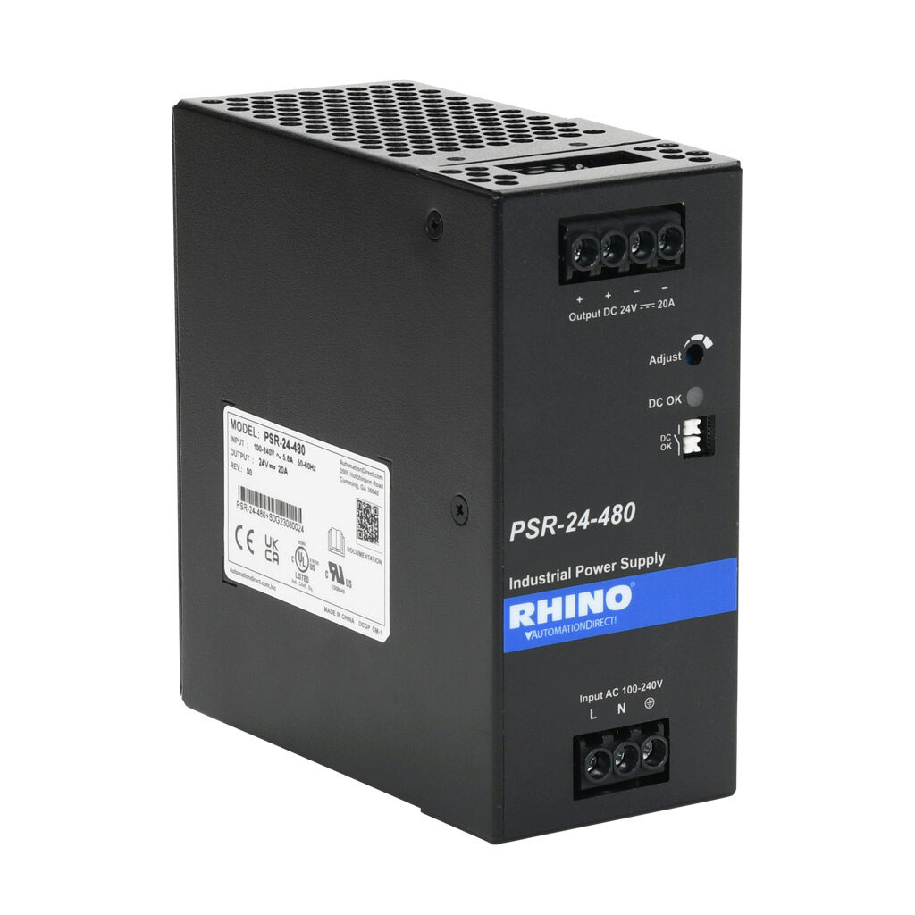 PSR-24-480 - RHINO PSR series switching power supply, 24 VDC @ 20A/480W, 120 VAC and 240 VAC nominal input, 1-phase, enclosed, metal housing, 35mm DIN rail mount, screw terminals.