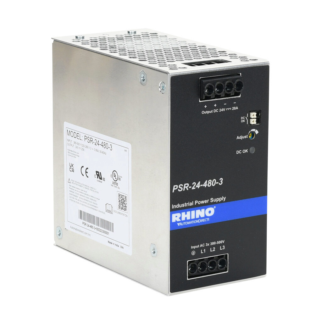PSR-24-480-3 - RHINO PSR series switching power supply, 24 VDC @ 20A/480W, 480 VAC nominal input, 3-phase, enclosed, aluminum housing, 35mm DIN rail mount, screw terminals.
